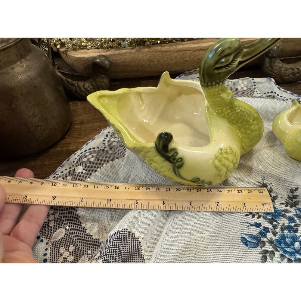 Vintage Hull Pottery Swan Planter Set 80 Chartreuse Green Mid Century Ceramic - Picture 3 of 7